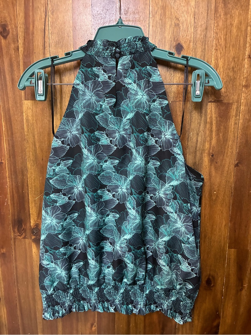 Allison Joy Black Halter Top Tank with Teal Floral Accents (M) - Picture 2 of 7